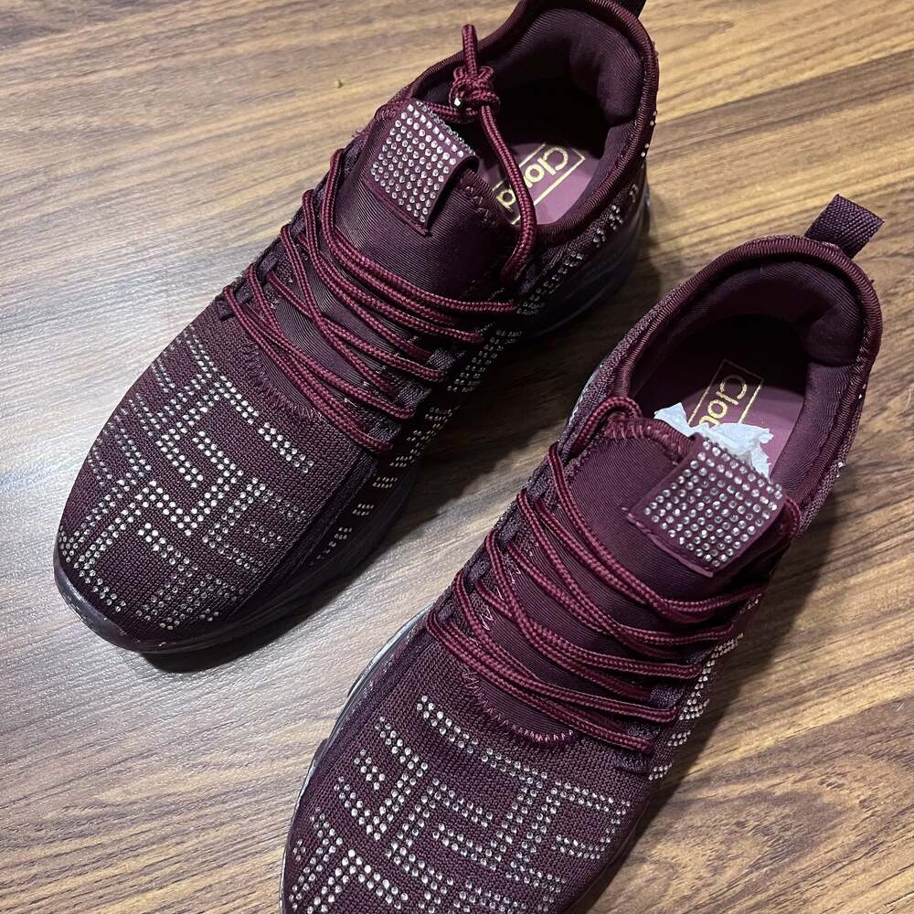 CloudAir Burgundy Rhinestone Embellished Knit Sneakers